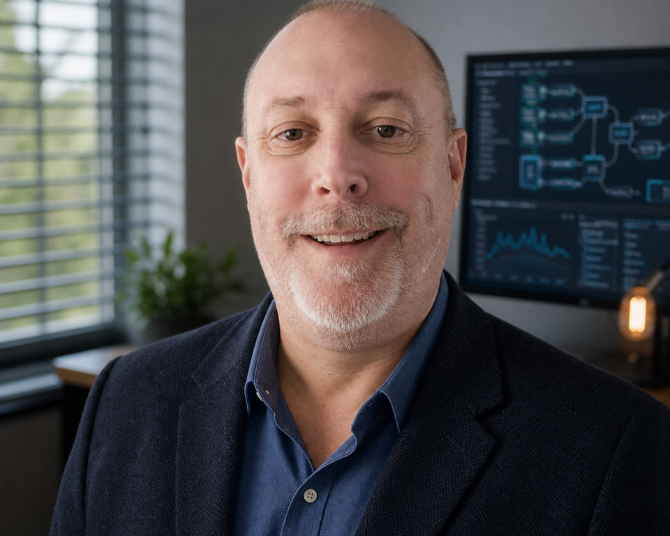 J. Scott Henderson in front of an AI systems display